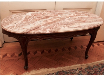 Vintage Oval Pink Marble Top Carved Wood Coffee Table