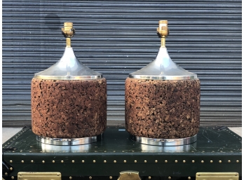 Pair Of Vintage Chrome And Cork Table Lamps