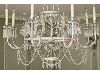 Crystal Chandelier 8 Arm With Pearl, Star, Almond, And Prism Drop Crystals In A Distressed Light Metal Base