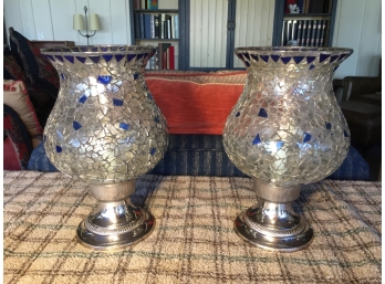 Pair Of Cast Metal And Glass Hurricans Candle Holders