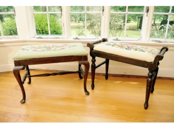 Two Mahogany Benches With Needlepoint Seats