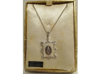 Antique Sterling Silver MOP Mary Religious  Pendant On Chain NIB