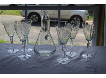 Vintage Etched Decanter And Six  Etched Wine Glasses