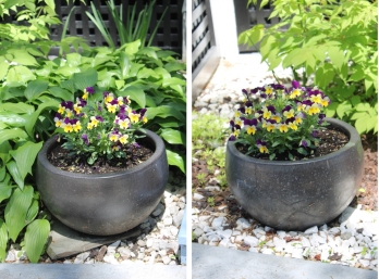 Pair Of Black Ceramic Flower Pots With Flowers - Stand 8' Tall ' & 13' Round