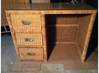 Wicker Desk With Glass Top And Single Bed Headboard Set (See Additional Photos)
