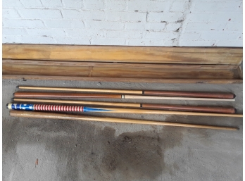 Lot Of Vintage Pool Sticks With Wooden Storage Box
