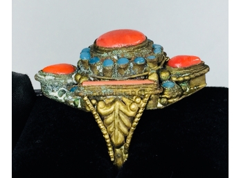 Primitive Afghan Tribal Ring In Coral And Turquoise - Size 7