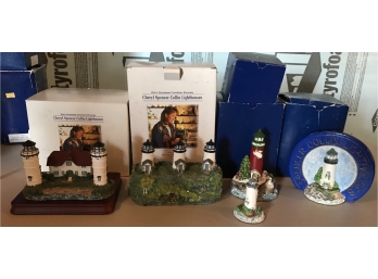 4 Cheryl Spencer Collins Lighthouses & 1 Display Figure