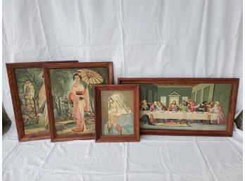 Four Vintage Framed Paint By Numbers Wall Art, Japanese Geisha Girls, Religious