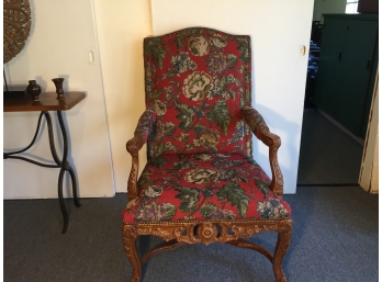 Beautiful Red Floral Upholstered Carved Hardwood Arm Chair