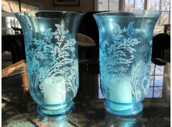Pair Vintage Etched Blue Glass Hurricanes
