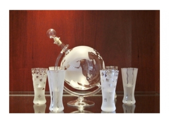 Clear Glass World Decanter On Stand And Six Cordials