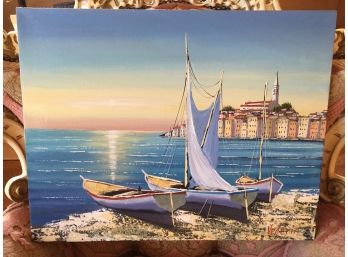 Oil On Canvas Unframed Signed Vecerin: Three Boats On Beach With Town To Right Rear