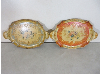 Pair Vintage Italian Paint Decorated Papier-Mache Trays