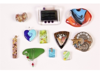 Group Of Fun And Colorful Handmade Pins And Pendants, Most Artisan Glass
