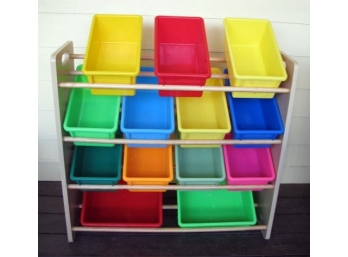 KIDS TOY ORGANIZER - Natural Wood Rack With Plastic Bins In Primary Colors!