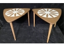 Pair Of Small Triangular Tables With White Floral Pattern On Top