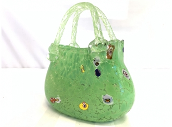 Beautiful Vintage Millefiori Murano Inspired Green & Multicolored Floral Hand Blown Glass  'Vase' Handbag