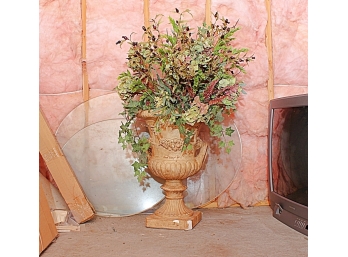 Large Urn Form Ceramic Planter With Faux Floral Arrangement - AS IS