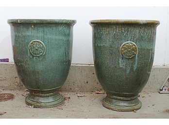 Pair Wonderful Vintage Green Glazed Pottery Planters - 29'H