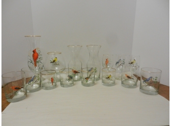 15 Pc MCM Vtg Mixed Lot Song Bird Glassware (Tumblers, Wine, Water, Carafe, Vases Etc)