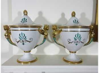 Pair Hand Painted Italian Lidded Urns