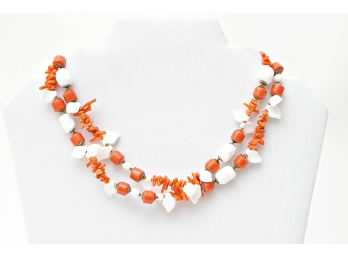 Vintage Coral And White Bead Double Strand Necklace