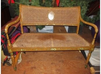 Delicate Paint Decorated Antique Settee With Wicker Back And Seat