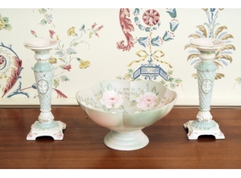 Pair Hand Painted Candlesticks And Handpainted Decorative Bowl