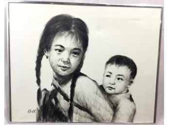 Black And White Oil On Canvas Young Girl And Child, Signed