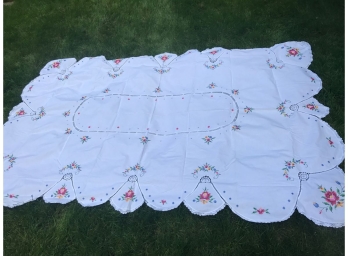 Lovely Cross Stitched Embroidered White Tablecloth