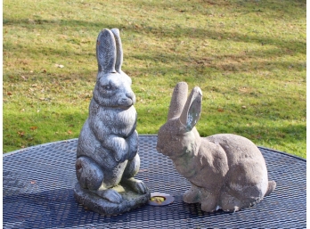 Two Cast Cement Lawn Bunnies