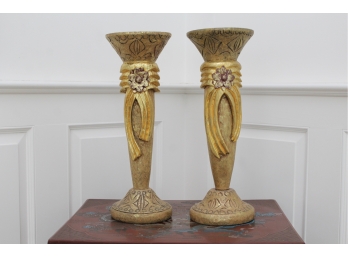 Pair Of Wood Gold Ornate Candle Holders