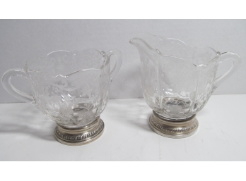 Antique Etched Glass Sterling Silver Creamer Sugar Set