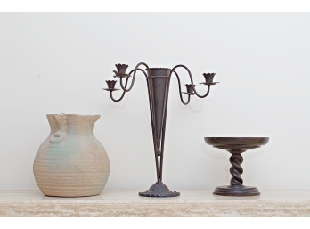 Metal Two Light Candleabra, Free Form Vase & Wood Stand