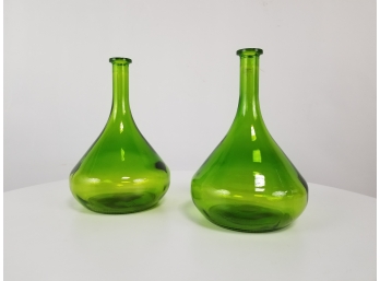 2 Vintage Green Glass Wine Bottles Circa 1970's