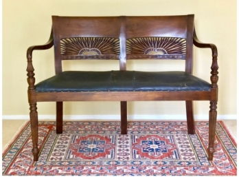 Leather Upholstered Carved Wood Settee