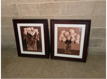 Two Dark Stained Frames With Floral Prints By John Zappola