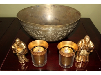 Chinese Copper Bowl And Chinese 24 Karat Gold Plated Solid Metal Figures