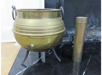 Antique Brass Cauldron With Brass Match Stick Holder