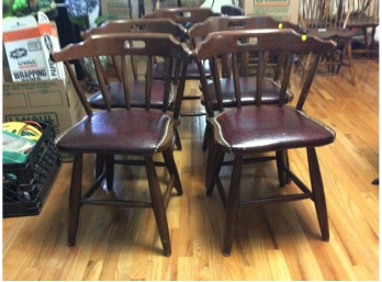 Six Vintage 1970's Spindle Back Hardwood Vinyl Padded Seat Chairs 1