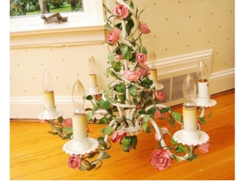 Vintage Tole Six Light Chandelier With Tole Roses