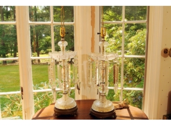 Pair Beautiful Large Victorian Cut Crystal Lamps With Custon Sik Shades.