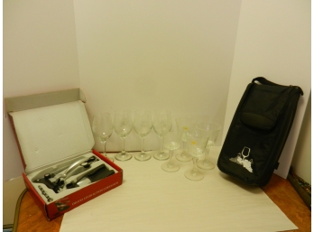 8 Wine Glasses, Lever Action Cork Screw, New Picnic Cooler Bottle Bag W/Opener