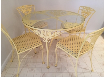 Wintage Woodard Wrought Iron Glass Top Table And Four Chairs