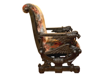 19th Century American Renaissance Revival Ebonized Carved Wood Homer Armchair With Lion Carved Armrests
