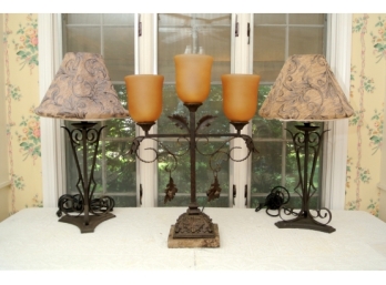 Pair Outdoor Rated Lamps And A Three Light Decorative Lamp With Amber Shades