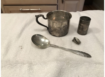 Vintage Sterling Silver Lot ~ Cup, Spoon, Snuff Box & 1 Earring~