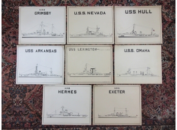 Group Of Eight 1930's Ink Drawings Of Naval Warships