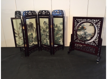 Pair Of Asian Double Sided Painted Glass Panel Art Pieces